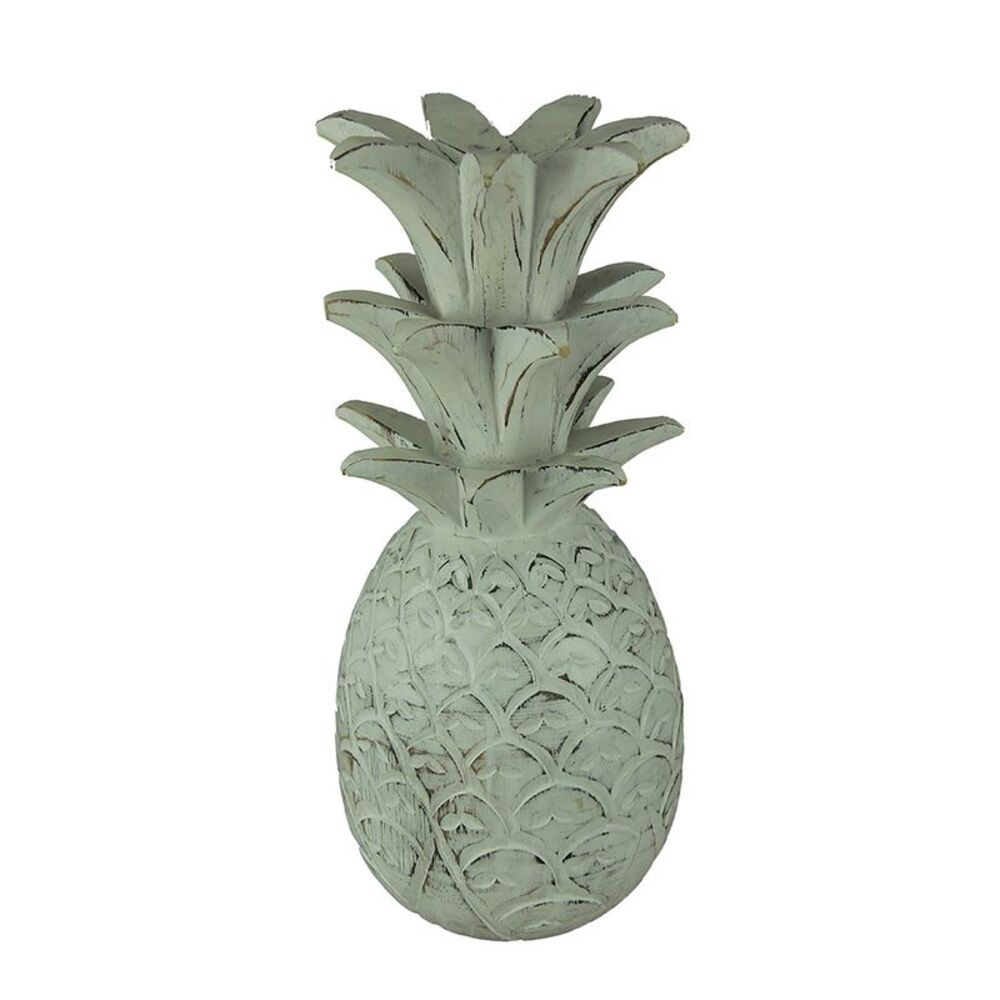 Rustic White Carved Wood Tropical Pineapple Decor Statue